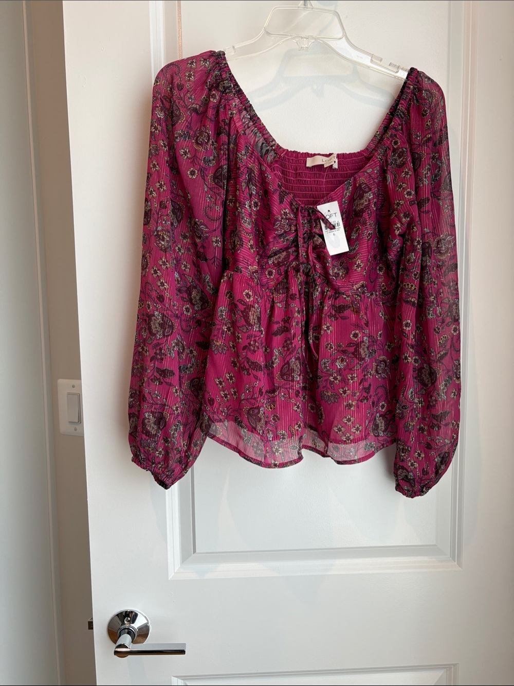 Ann Taylor Fuchsia Floral Tie-Neck Blouse